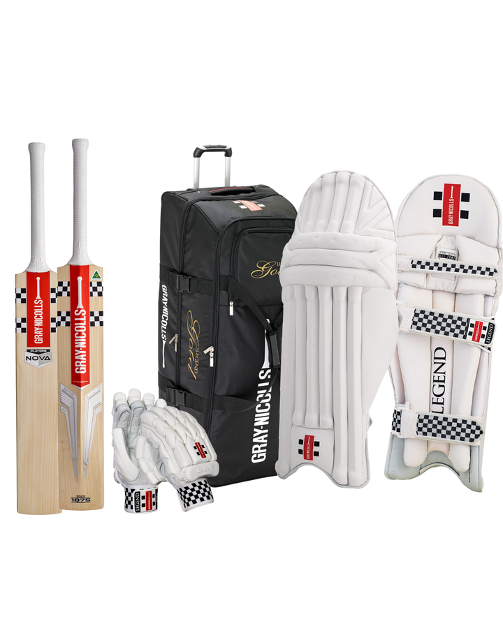 Gray Nicolls Nova 4.0 Player Edition Cricket Bundle Kit - bat, Legend Gold wheelie kit bag, Legend batting gloves and pads