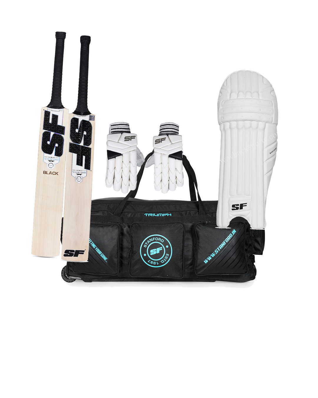 SF Black Cricket Bundle Kit - bat, SF Triumph wheelie kit bag, SF Black Edition batting gloves and pads