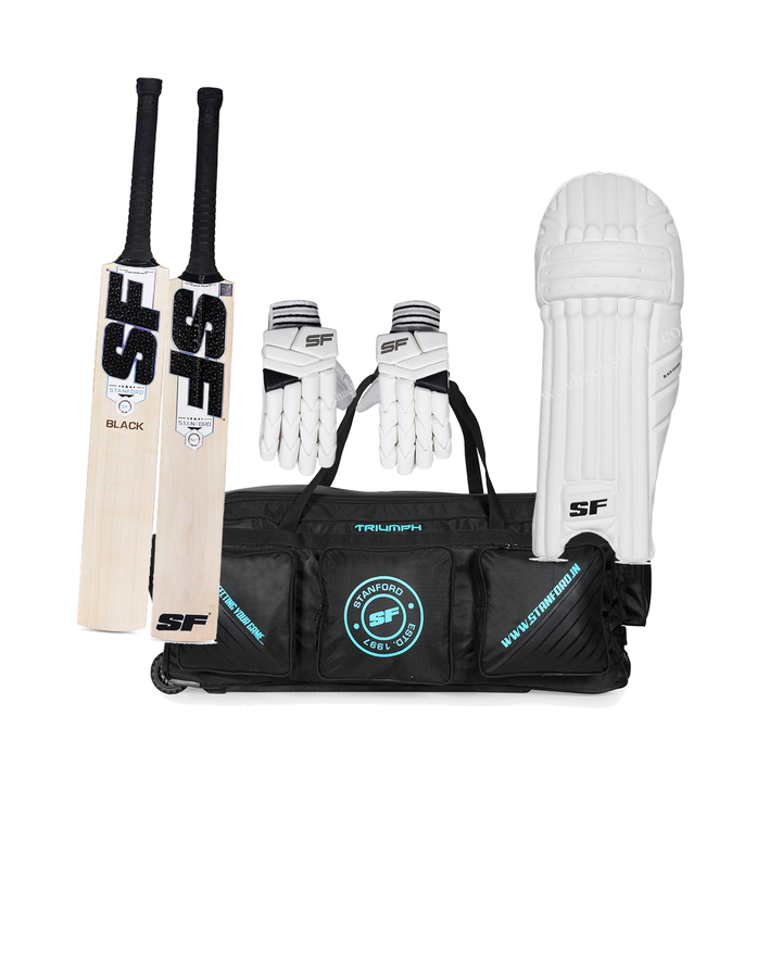 SF Black Cricket Bundle Kit - bat, SF Triumph wheelie kit bag, SF Black Edition batting gloves and pads