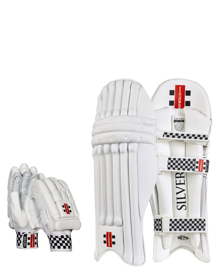 Gray Nicolls Silver Batting Pads and Gloves Bundle