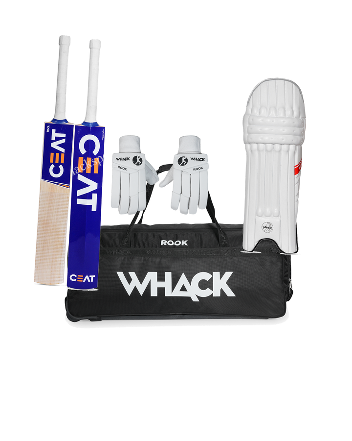 Ceat Rock Cricket Bundle Kit - bat (front and back), Whack Rook wheelie kit bag, Whack Rook batting gloves and pads