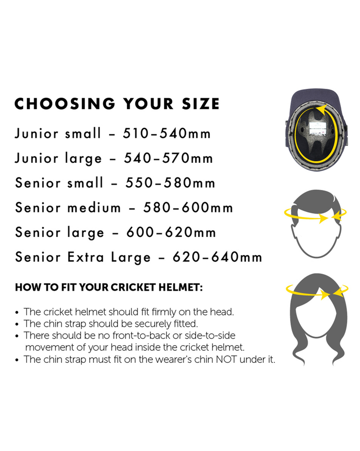 Masuri cricket helmet size and fitting guide chart