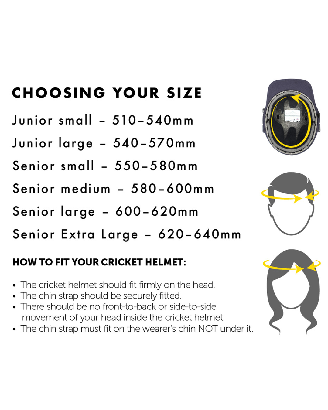 Masuri cricket helmet size and fitting guide chart