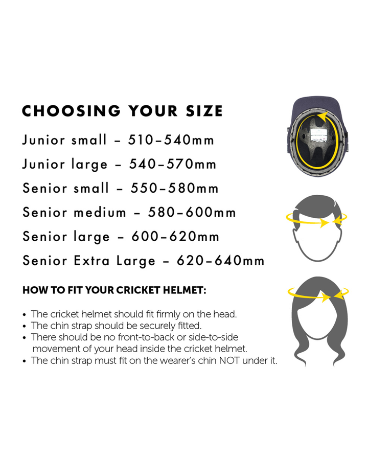 Masuri cricket helmet size guide chart with junior and senior head measurements and fitting tips