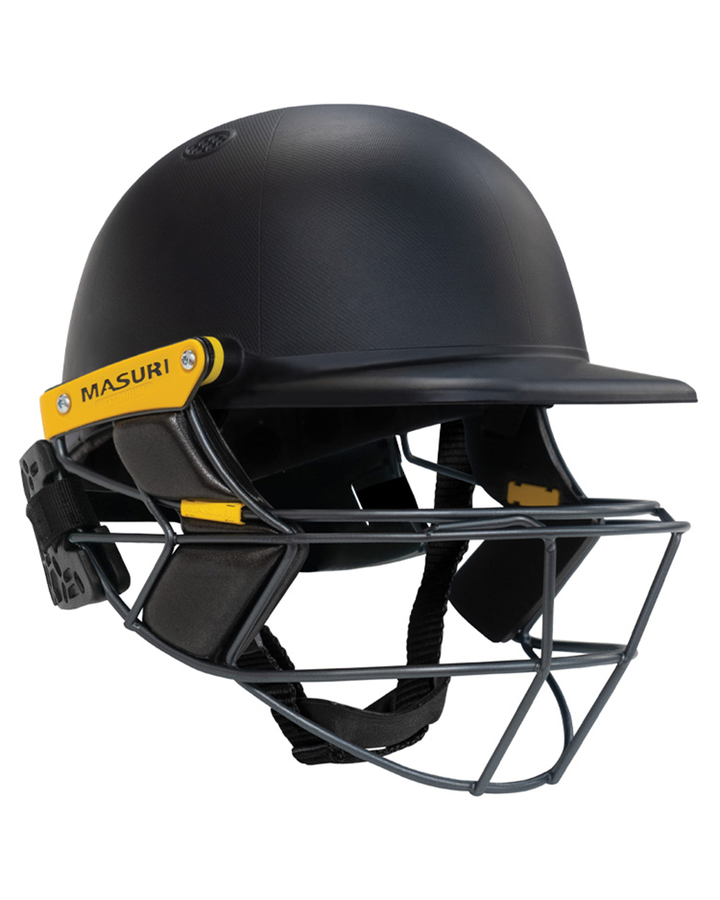 Masuri E Line Player Titanium cricket batting helmet front studio view with titanium grille
