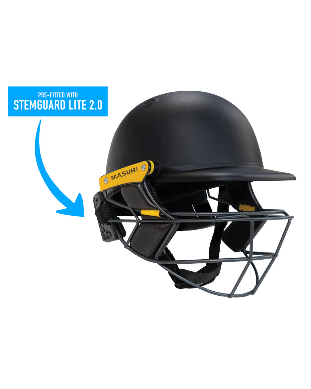Masuri E Line Player Titanium cricket helmet pre-fitted with StemGuard Lite 2.0 neck protection