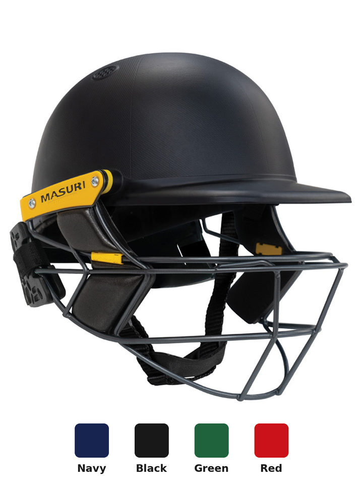 Masuri E Line Player Titanium cricket batting helmet, front view fitted with StemGuard Lite 2.0 neck protection, with Navy, Black, Green and Red colour options shown