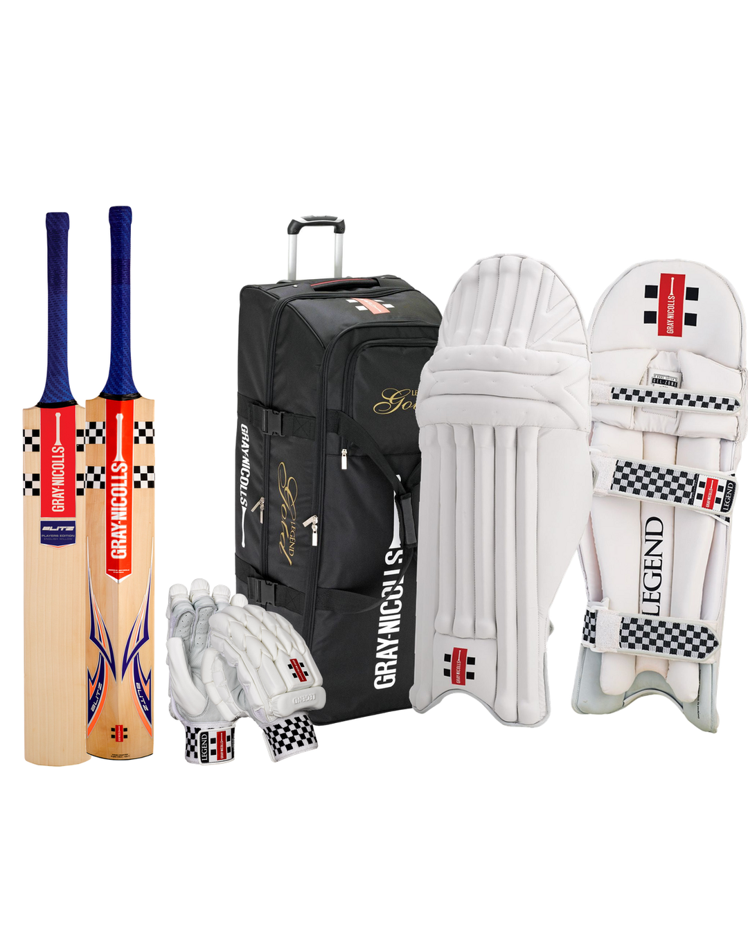 Gray Nicolls Blitz Player Edition Cricket Bundle Kit - bat, Legend Gold wheelie kit bag, Legend batting gloves and pads