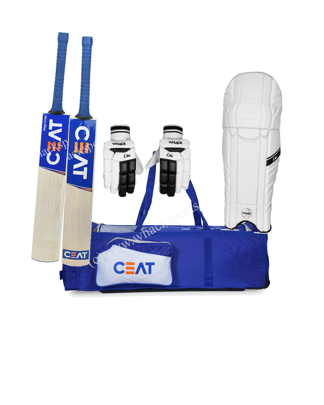 Ceat Mega Grip Cricket Bundle Kit - bat, Ceat Secura wheelie kit bag, Whack Lite batting gloves and pads