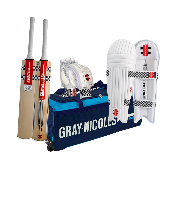 Gray Nicolls GNR 9 Cricket Bundle Kit - bat, GN 800 wheelie kit bag, Ultra Light batting gloves and pads