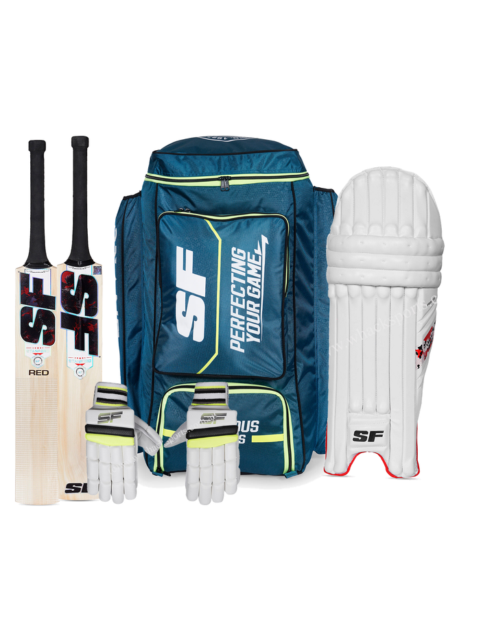 SF Red Cricket Bundle Kit - bat, SF Almandus duffle kit bag, SF Prolite batting gloves and pads