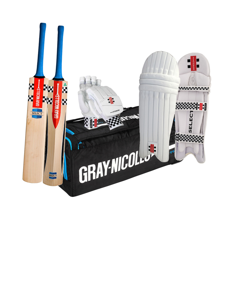 Gray Nicolls Select Cricket Bundle Kit - bat, GN 1100 wheelie kit bag, Select batting gloves and pads