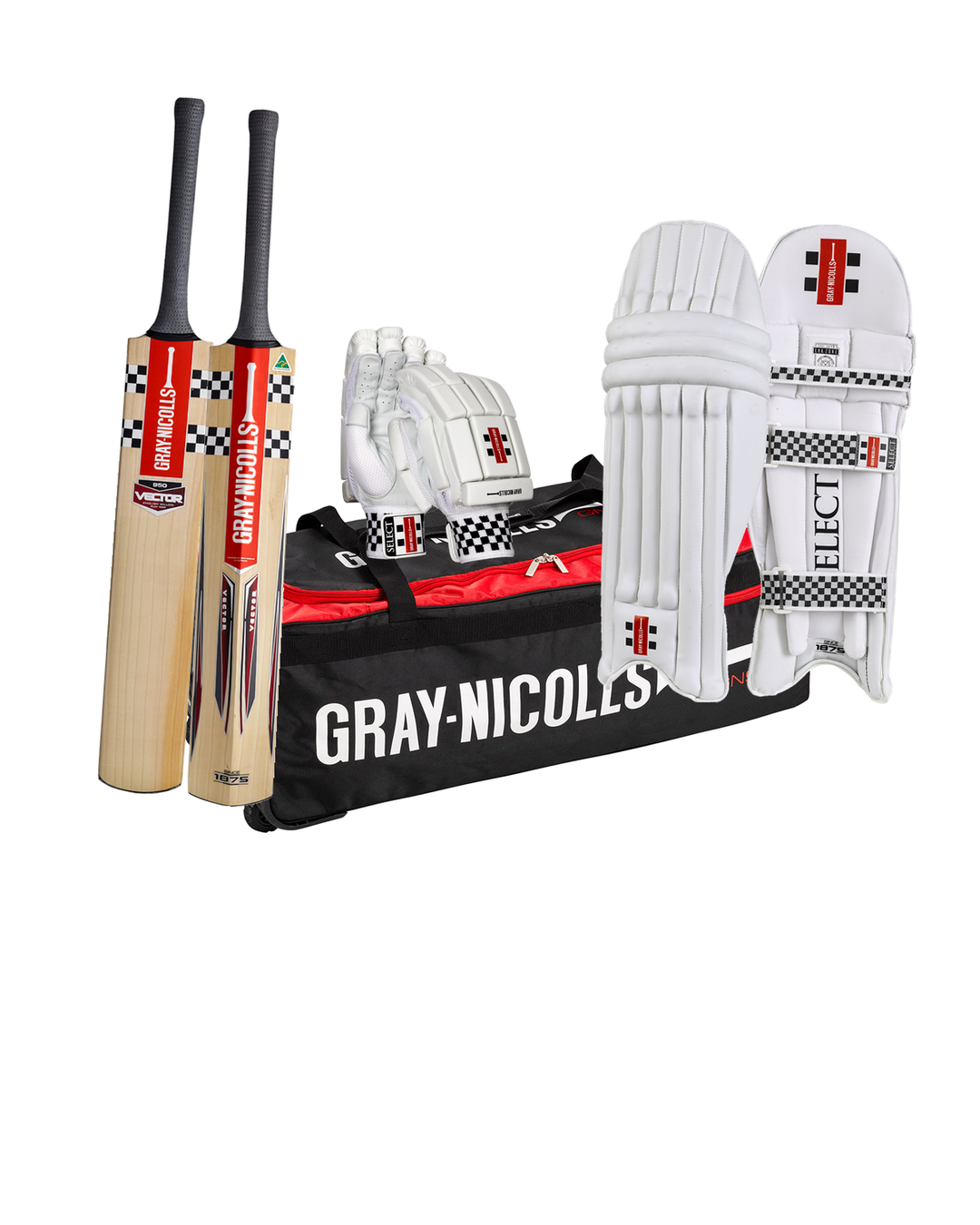 Gray Nicolls Vector 950 Cricket Bundle Kit Youth - bat, GN-900 wheelie kit bag, Select batting gloves and pads