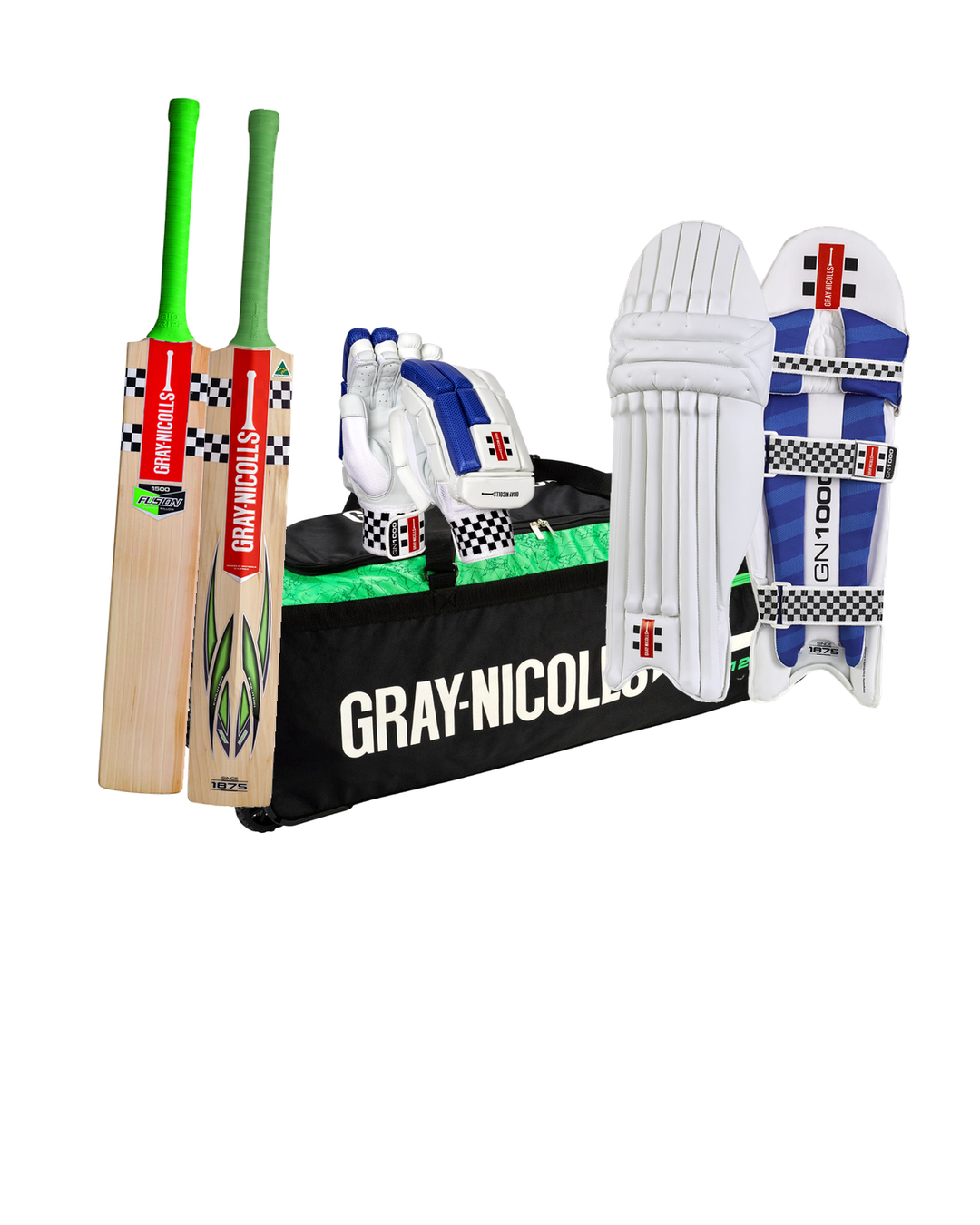Gray Nicolls Fusion 1500 Cricket Bundle Kit Youth - bat, GN 1200 wheelie kit bag, 1000 batting gloves and pads