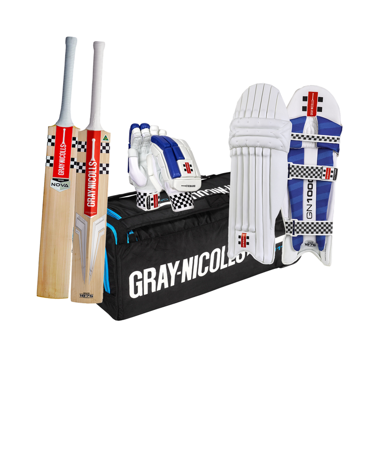 Gray Nicolls Nova 4.0 1200 Cricket Bundle Kit Youth - bat, GN 1100 wheelie kit bag, 1000 batting gloves and pads