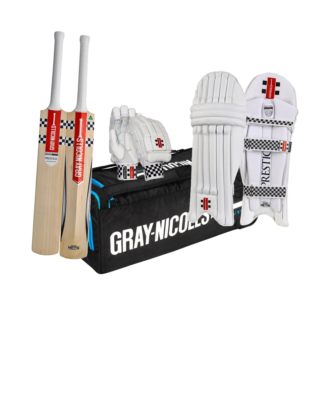 Gray Nicolls Prestige Cricket Bundle Kit Youth - bat, GN 1100 wheelie kit bag, Prestige batting gloves and pads