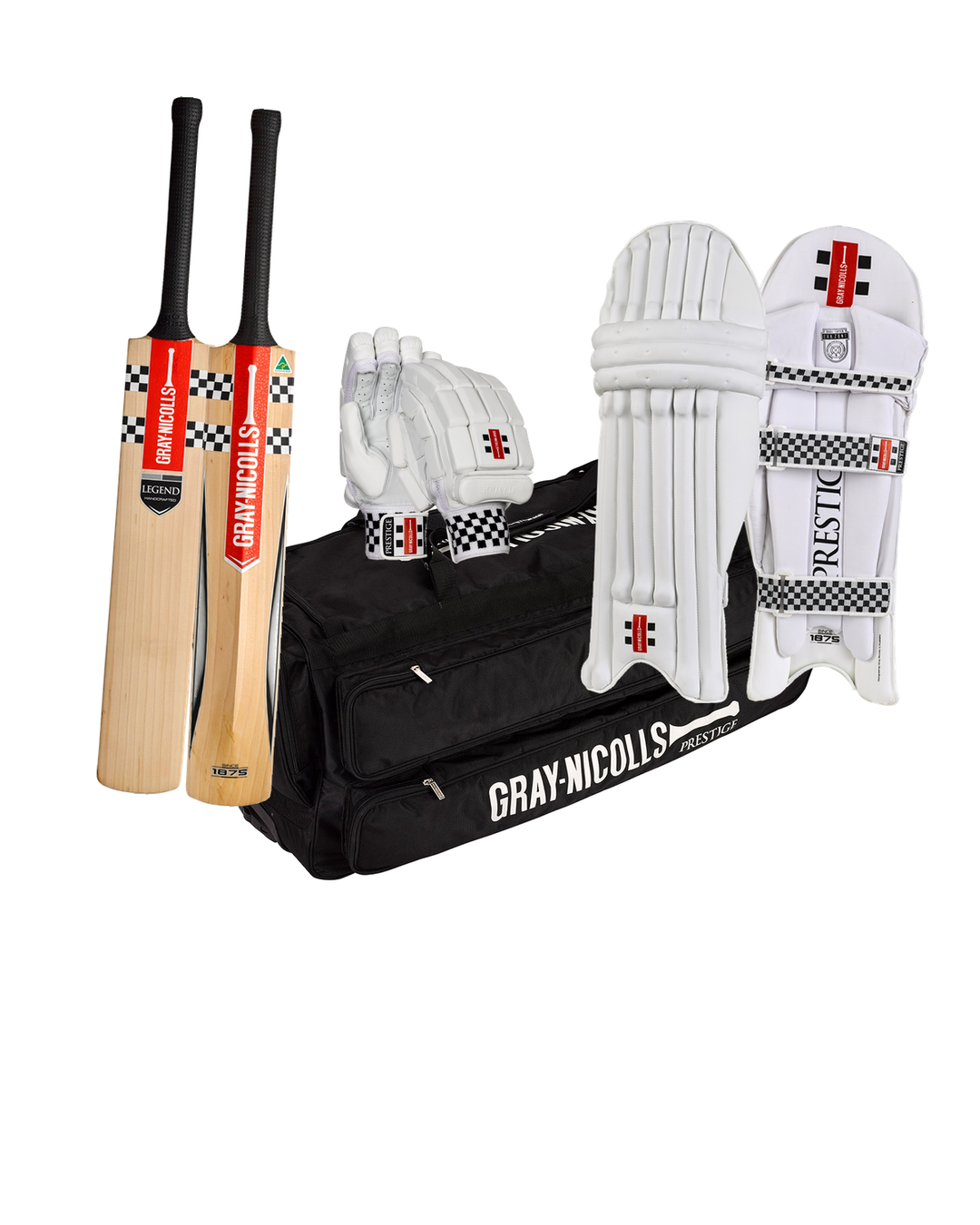 Gray Nicolls Legend Cricket Bundle Kit Youth - bat, Prestige wheelie kit bag, Prestige batting gloves and pads