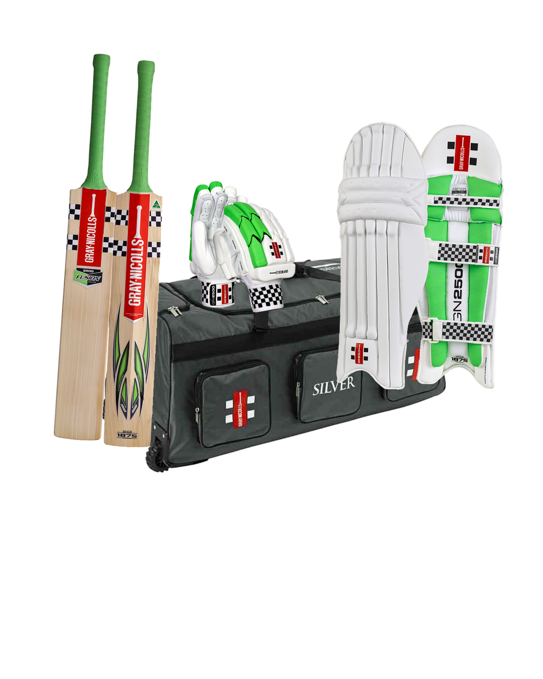 Gray Nicolls Fusion 2500 Cricket Bundle Kit - bat, Silver wheelie kit bag, 2500 batting gloves and pads