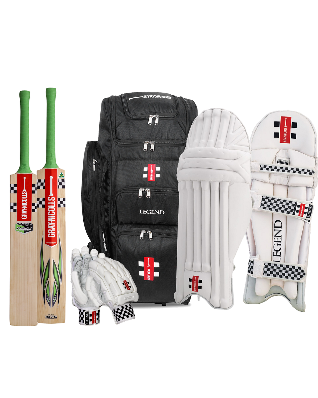 Gray Nicolls Fusion Player Edition Cricket Bundle Kit - bat, Legend wheelie kit bag, Legend batting gloves and pads