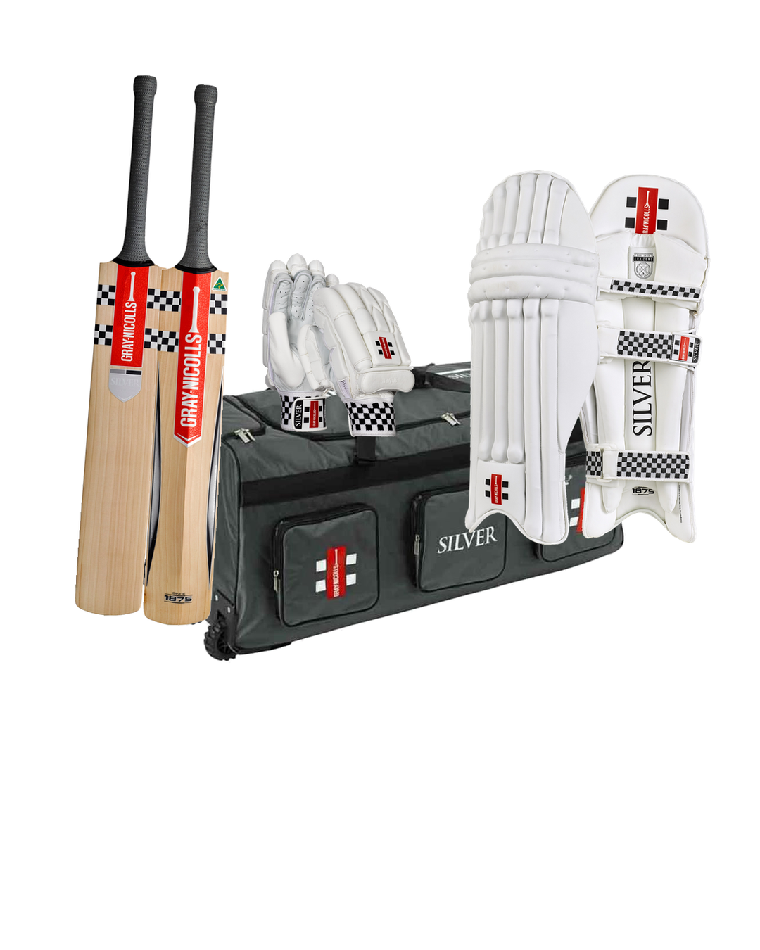 Gray Nicolls Silver Cricket Bundle Kit - bat, Silver wheelie kit bag, Silver batting gloves and pads