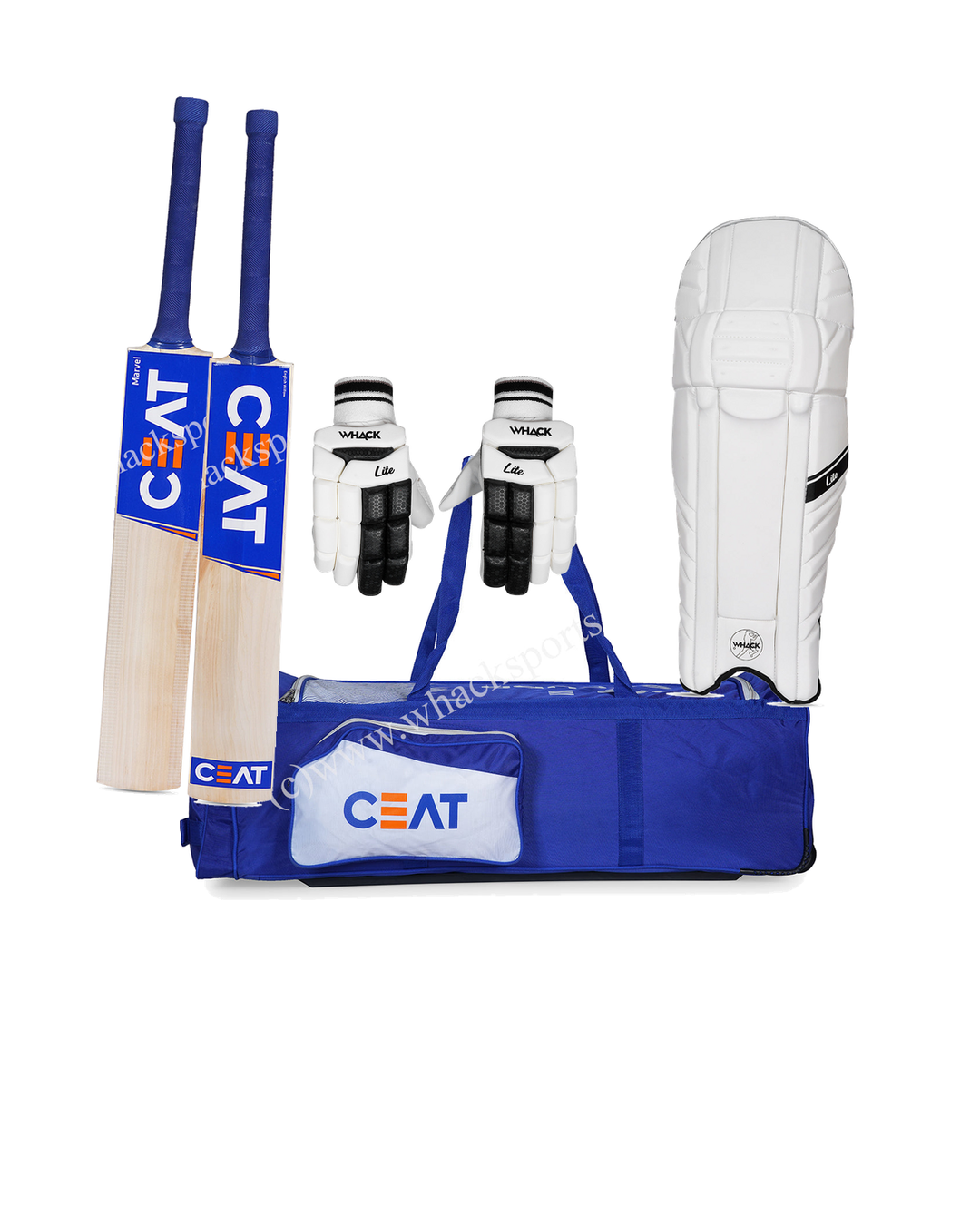 Ceat Marvel Cricket Bundle Kit - bat, Ceat Secura wheelie kit bag, Whack Lite batting gloves and pads