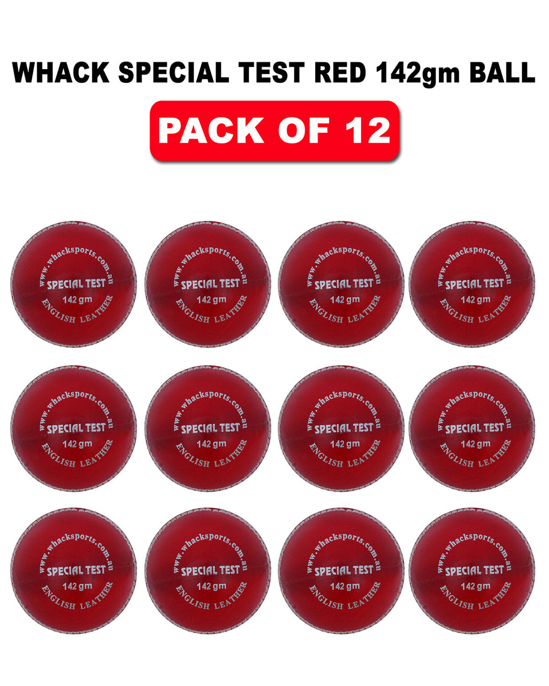 WHACK 4 Piece Special Test Leather Cricket Ball - 142gm - Red - Pack of 6x or 12x