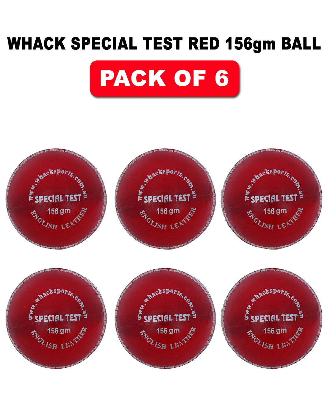 WHACK 4 Piece Special Test Leather Cricket Ball - 156gm - Red - Pack of 6x or 12x